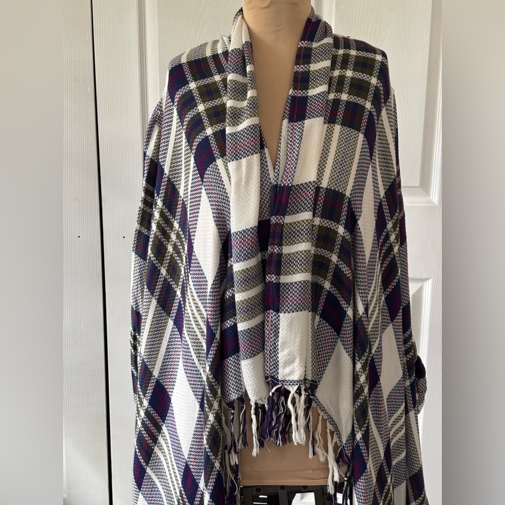 Natural Reflections‎ Plaid Fringe Ruana Cardigan Wrap L